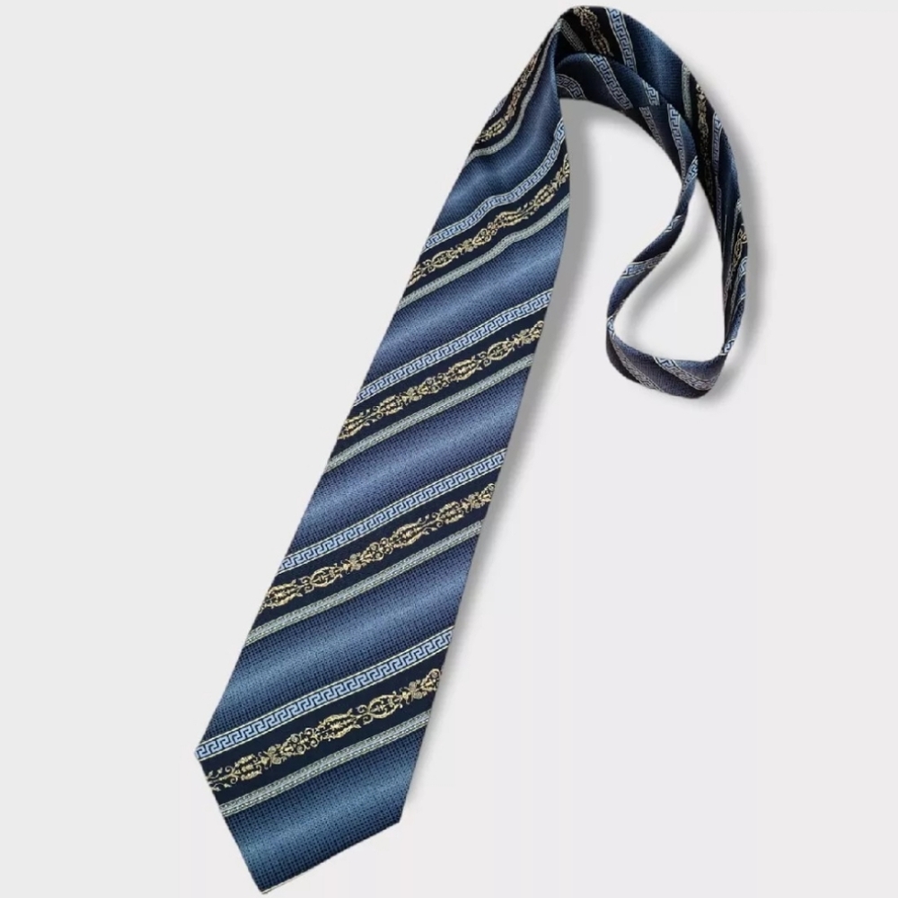 🆕GIANNI VERSACE Black/Gray Striped Baroque Logo Silk LUXURY Tie ITALY